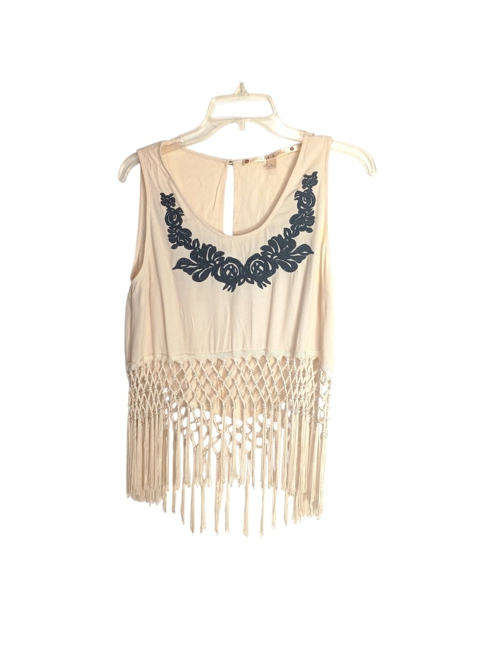 Chelsea & Violet 0Cream Fringe Tank with Black Floral Appliqué - Large
